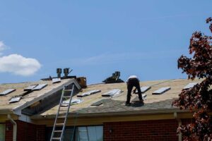 A homeowner uses a long-handled roof rake to remove snow from shingles after a winter storm.