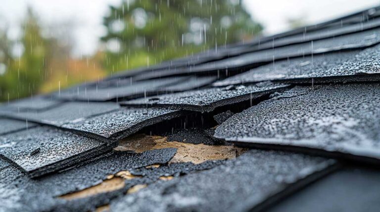 Rainwater flows through clean gutters and downspouts along a snow-dusted residential roof.